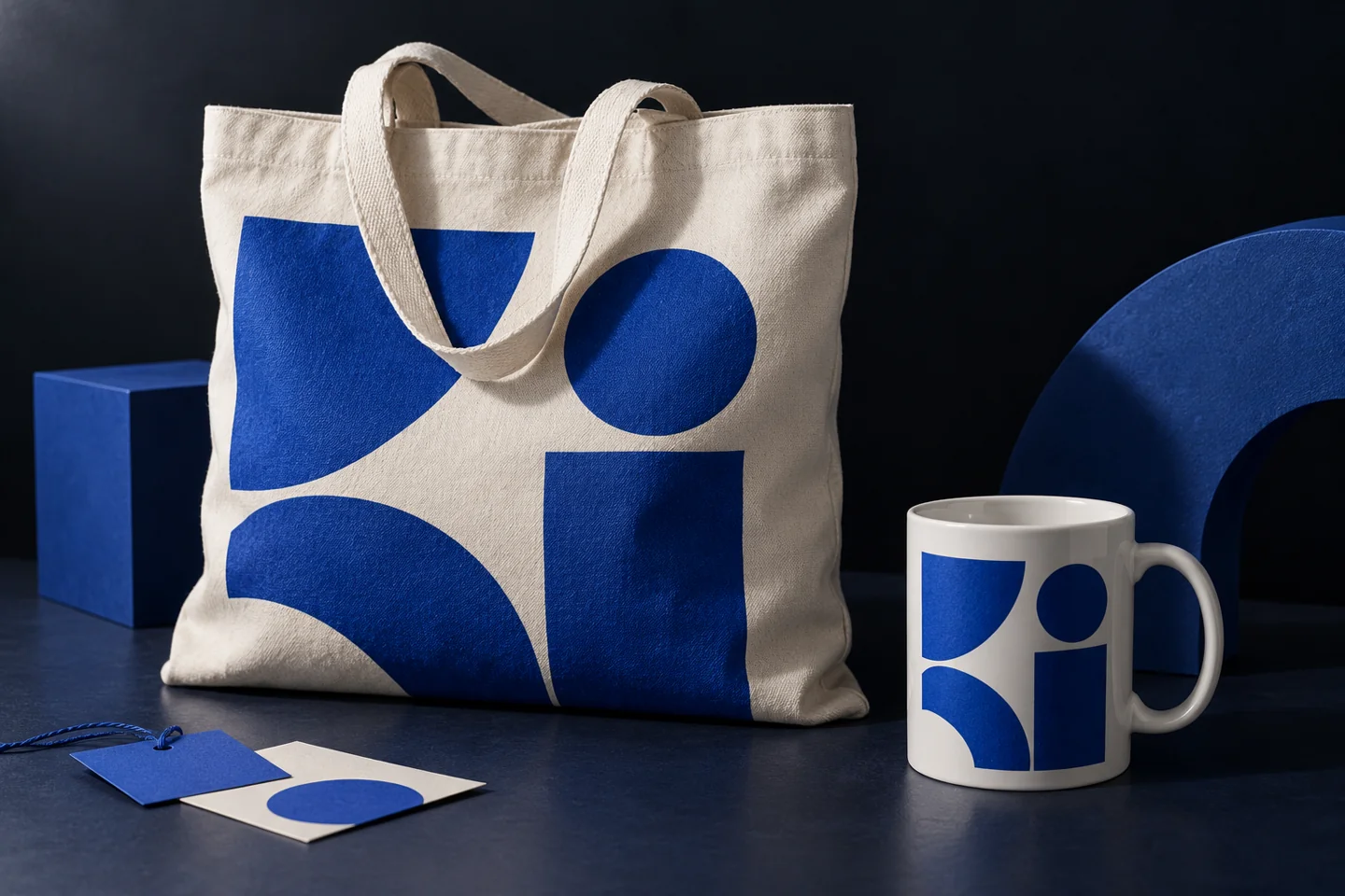 Referencia ilustrativa de una bolsa de tela y taza personalizadas